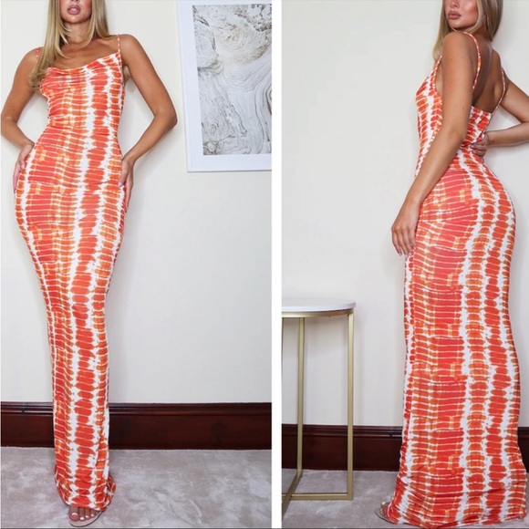 PrettyLittleThing Orange Tie Dye Cowl Neck Strappy Maxi Dress Size 6 - Picture 1 of 11